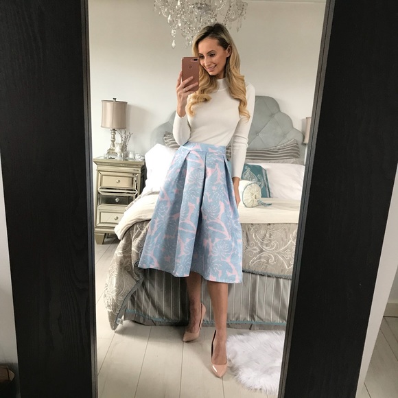 Spring Light Blue and Pink Flare Pleated Skirt - Picture 3 of 8